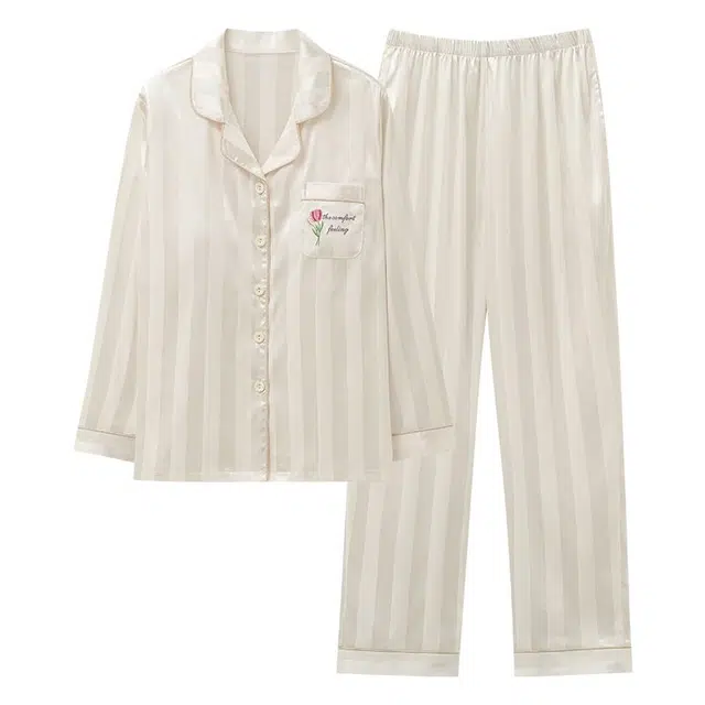 俏韵 翻领春秋季冰丝简约长袖甜美休闲薄款家居服可外穿睡衣套装 女款