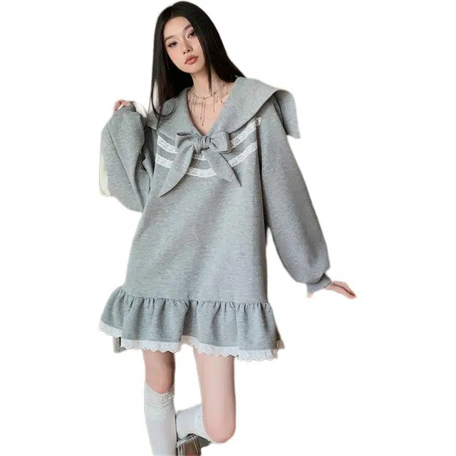 桴生 蝴蝶结绑带宽松显瘦甜美少女荷叶边卫衣短裙子长袖连衣裙 女款