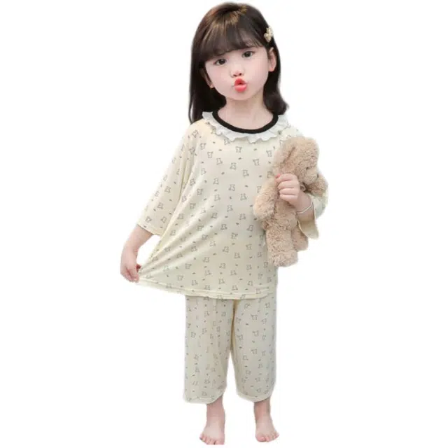 天才小熊家居服套装 女童夏季圆领花边小熊大童休闲小孩衣服 小女孩居家外穿 睡衣洋气时髦 漂亮 甜美