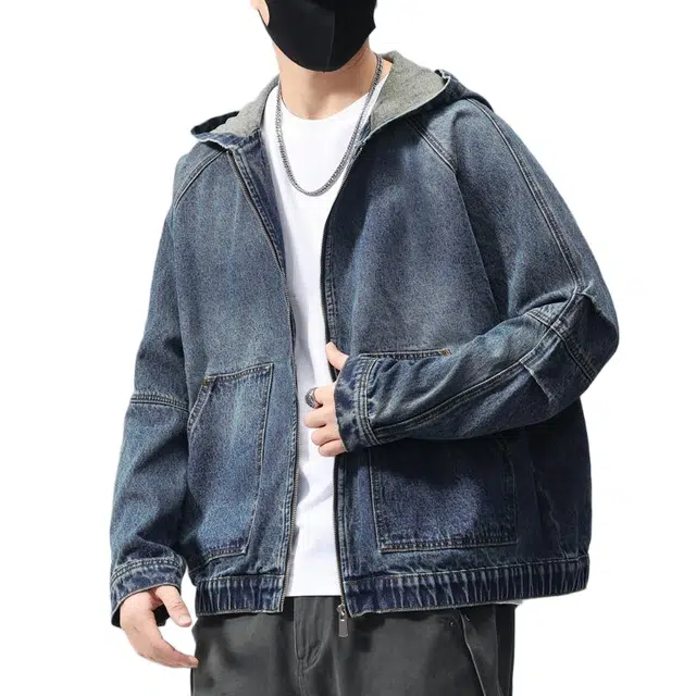 棉基因 复古高街水洗做旧宽松简约连帽落肩时尚百搭日常通勤基础款牛仔外套 男女同款
