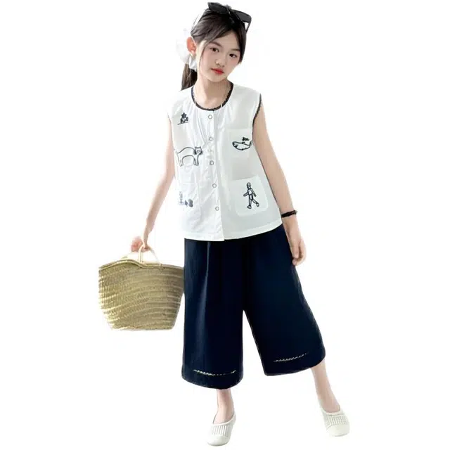 比比我休闲运动套装 女童夏季服装 大童潮牌 小孩衣服 小女孩刺绣 洋气时髦