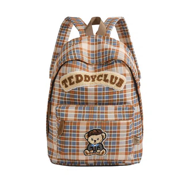 轩玺 美式复古格纹小熊时尚大容量百搭 牛津布 书包背包双肩包 常规 女款 棕色/咖色/橘蓝色