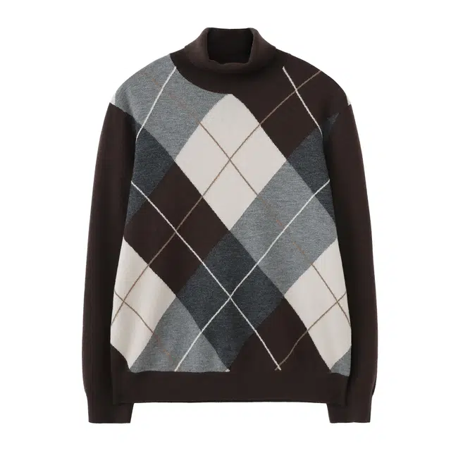丹宁哲学 塔斯马尼亚羊毛菱形格提花冬季常规长袖可翻高领套头针织衫 男款