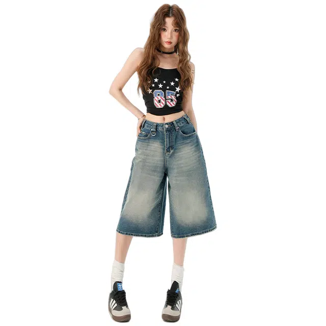 玫丝朵 美式复古七分阔腿高腰宽松显瘦垂感直筒 牛仔短裤 女款