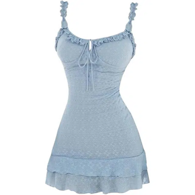 小卷要加油 韩系甜妹重工提花蕾丝花边女夏季修身显瘦短裙吊带连衣裙 女款