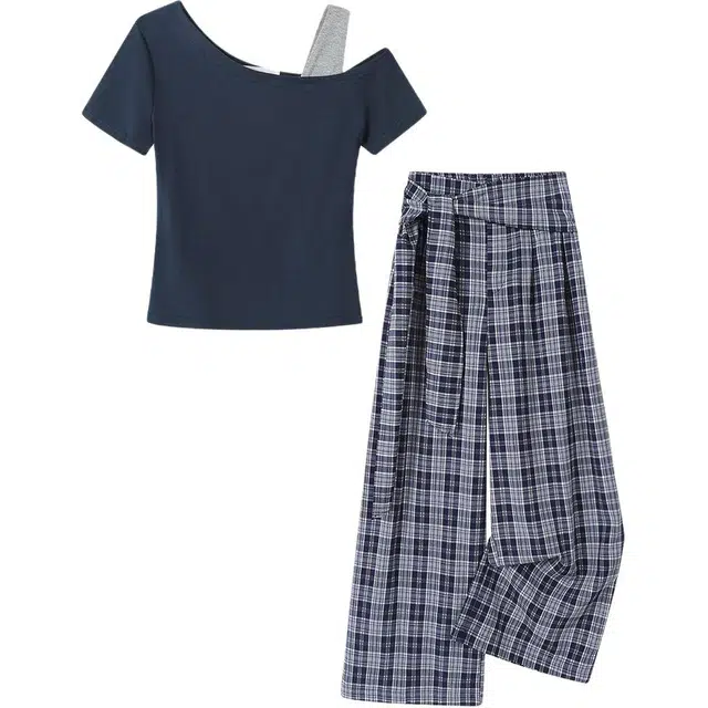 囍鱼少女 巨好看的斜肩拼接短袖上衣+格子长裤超火两件套夏装套装 女款