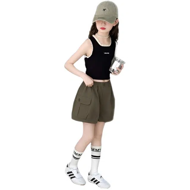 比比我休闲运动套装 女童夏季短袖 大童潮牌 小孩衣服 小女孩背心工装    学生花苞短裤