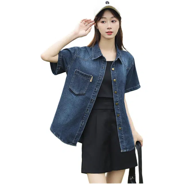 敲模女孩 学院风韩版设计感宽松休闲牛仔短袖衬衫 女款