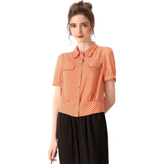 粉红玛琍 印花短袖纯色线条常规翻领商务通勤高腰长裤衬衫 女款