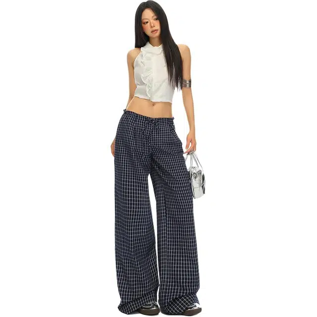 拾籍 慵懒风复古格子设计系带高腰直筒阔腿裤女夏季薄款垂感宽松百搭休闲裤 女款