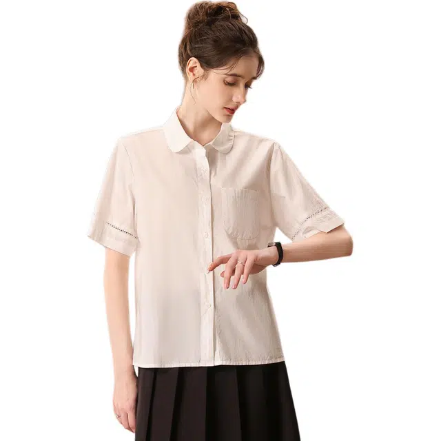粉红玛琍 文艺百搭宽松纯色常规短袖翻领都市休闲日常便服高腰衬衫 女款