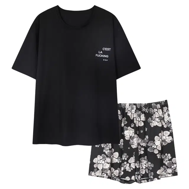 欧迪芬 圆领亲肤柔软不起球条纹碎花小清新居家舒适可外穿家居服短袖三分裤睡衣套装 女款