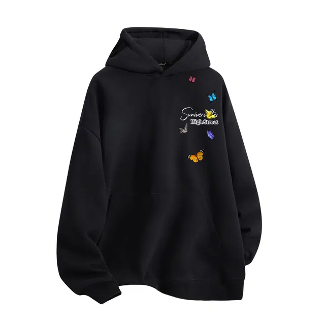 物质公式 重磅潮牌美式复古高街手绘趣味蝴蝶字母印花设计感潮流时尚宽松简约基础款套头落肩袖休闲透气质感百搭长袖连帽卫衣 男女同款