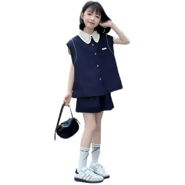 比比我休闲运动套装 女童夏季服装 大童潮牌 小孩衣服 小女孩无袖衬衫领上衣