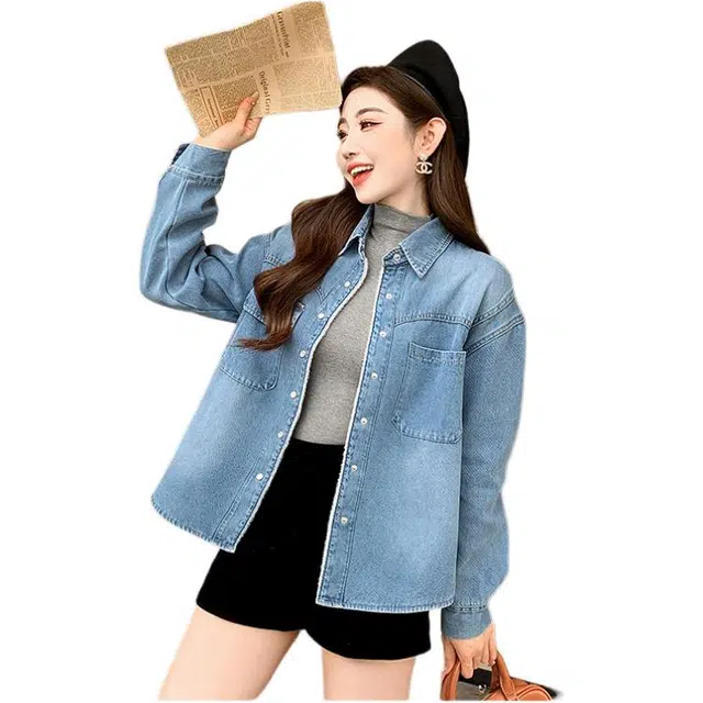 敲模女孩 法式复古加绒加厚设计感长袖宽松牛仔外套 女款