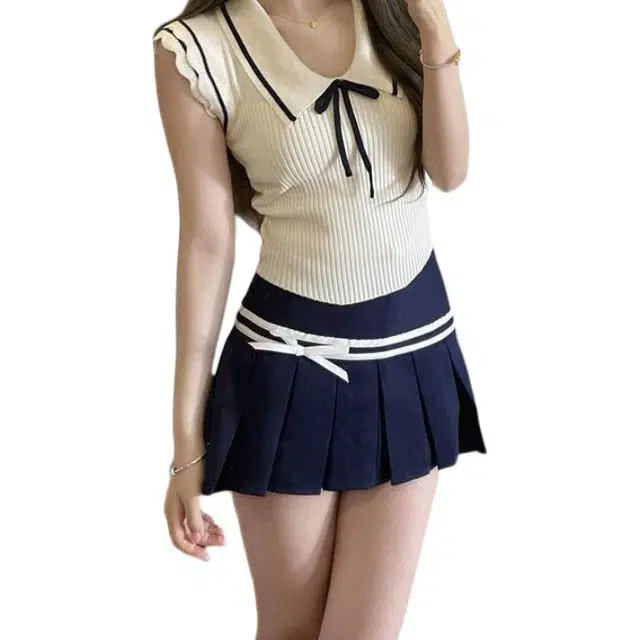 囍鱼少女 学院风条纹系带设计感上衣蝴蝶结百褶半身裙两件套裙装套装 女款