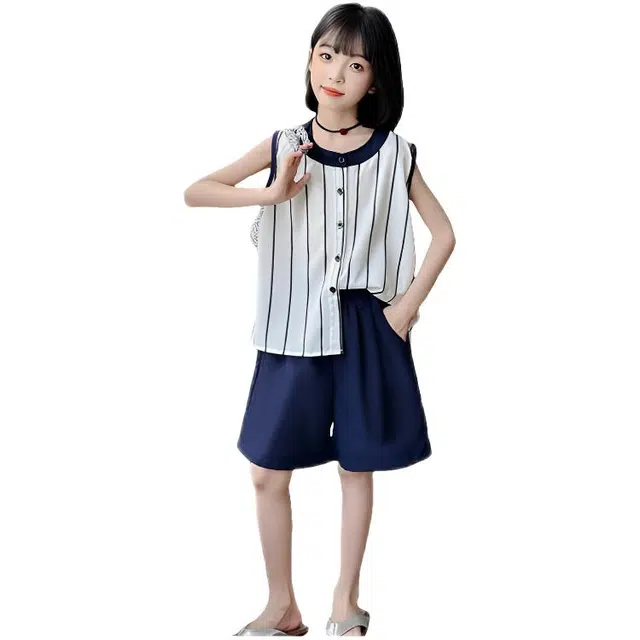 比比我休闲运动套装 女童夏季服装 大童潮牌 小孩衣服 小女孩无袖清爽凉感短袖