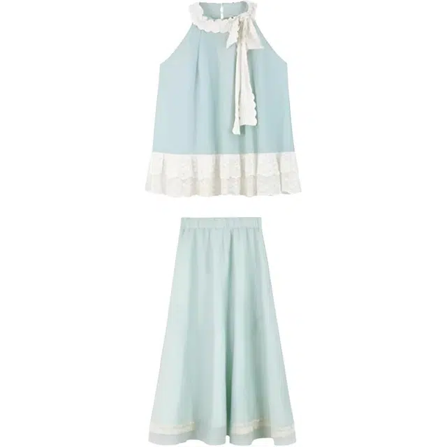 囍鱼少女 温柔蕾丝无袖挂脖娃娃衫显瘦半身裙裙装套装 女款