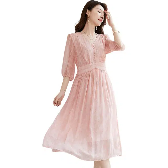 水墨佳人 气质简约舒适通勤五分袖短袖连衣裙 女款