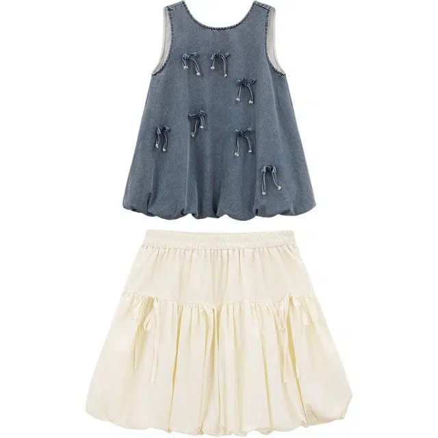 囍鱼少女 甜美田园风设计感蝴蝶结绑带牛仔背心半身裙裙装套装 女款