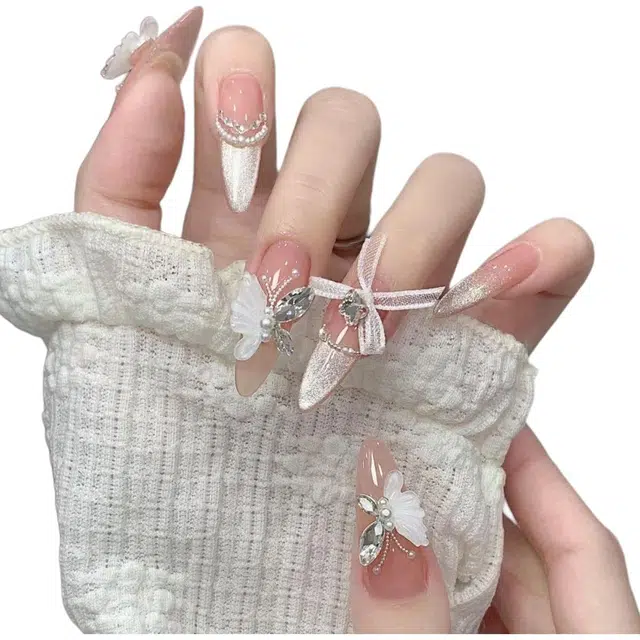 计轩 纯手工美甲穿戴甲灰棕色蝴蝶仙女猫眼爆闪轻奢显白假指甲贴片  中长款灰棕渐变 纯欲