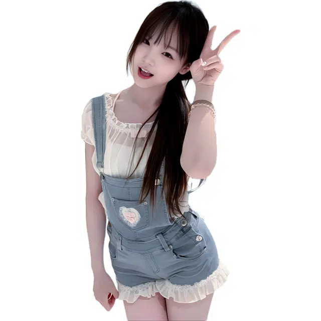 缪斯的诱惑 萌系俏皮牛仔背带短裤日系两穿小上衣裙装套装 女款