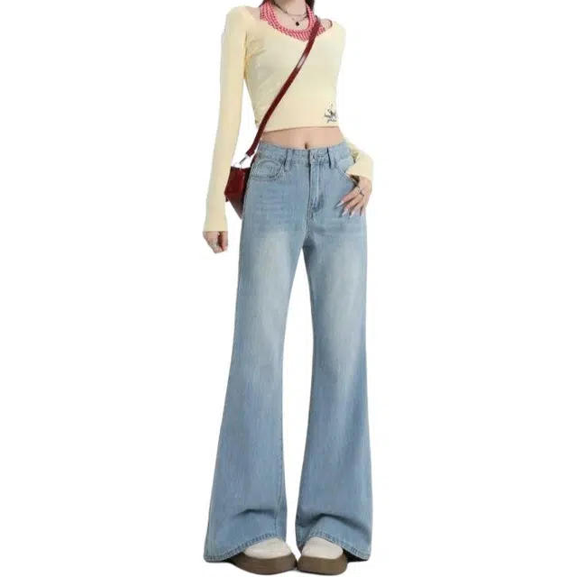 纤丝鸟 高腰显瘦时尚优雅裤子个性气质复古简约舒适微喇垂感牛仔裤 女款