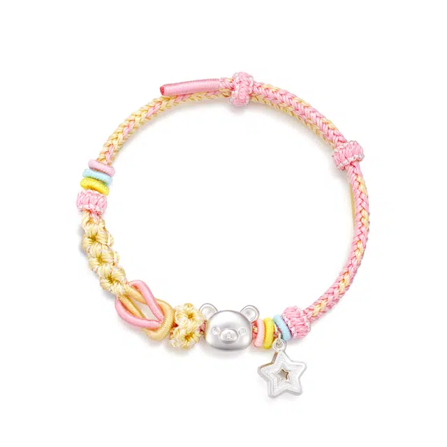 【999足银】 央创时尚 小熊贴贴星星手绳 可爱立体磨砂甜美浪漫多巴胺色萌趣手工编织如意结幸运星#好运 足银 手绳 男女同款情侣款