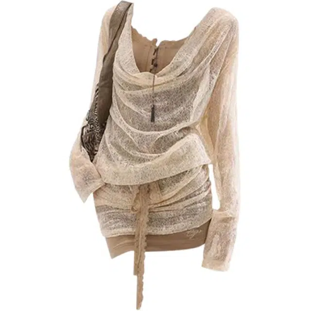 小卷要加油 复古辣妹废土风荡领蕾丝罩衫吊带假两件包臀连衣裙女春夏裙装套装 女款