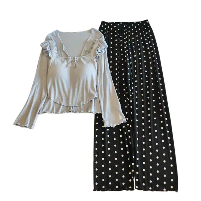 俞兆林 高级感纯色带胸垫夏天时尚小飞袖吊带长裤舒适三件套休闲家居服睡衣套装 夏季 女款