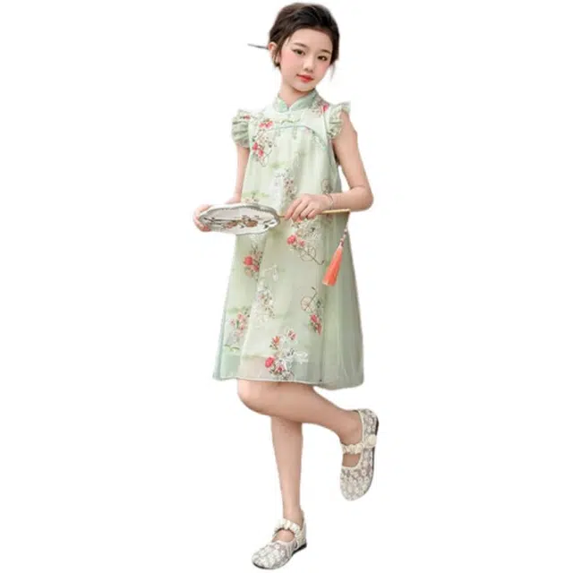 天才小熊汉服 女童夏季大童运动小孩衣服 小女孩 青少年蝴蝶中国风旗袍洋气时髦 漂亮 甜美 青少年