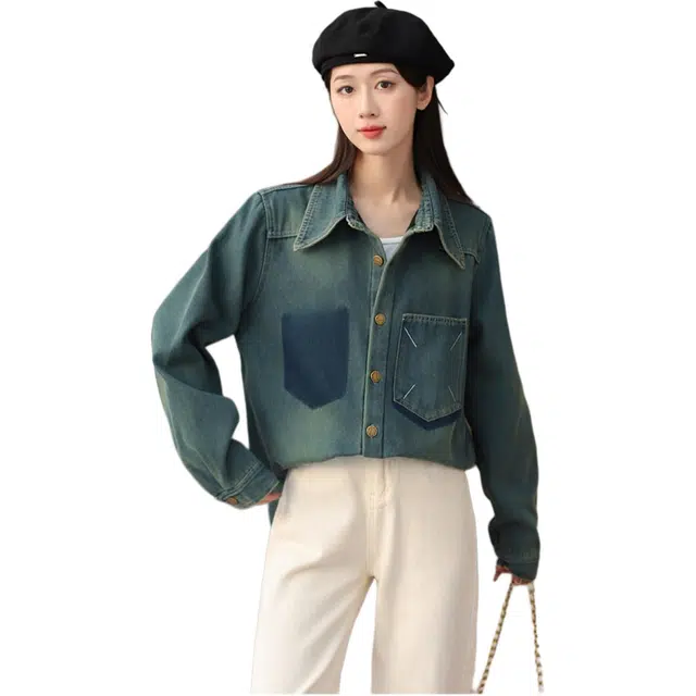 敲模女孩 美式复古港味加绒加厚牛仔中长款宽松外套衬衫 女款