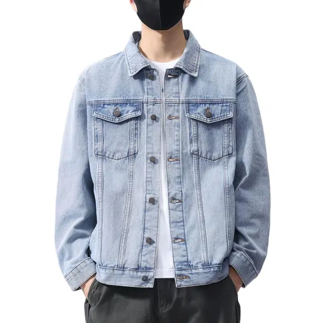 棉基因 复古潮牌简约纯色宽松大码高街水洗做旧休闲百搭日常通勤单排扣透气落肩氛围感翻领牛仔外套 男女同款 六色可选
