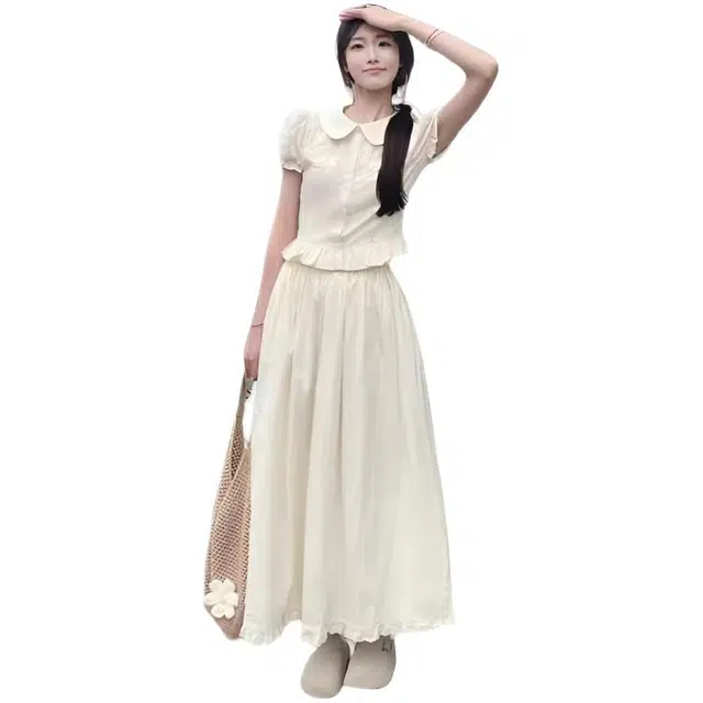 木木兔 潮流时尚学院风温柔甜美娃娃领衬衫上衣法式高腰半身裙子显瘦两件套裙装套装 女款