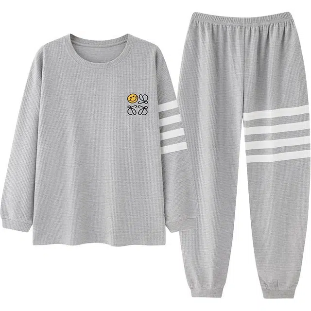 俏佳人 华夫格纯棉简约宽松休闲可外穿圆领套头柔软舒适透气家居服长袖长裤睡衣套装 男款