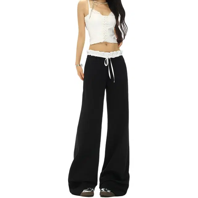 么宁 双腰拼接抽绳花边直筒卫裤显瘦宽松休闲裤 女款