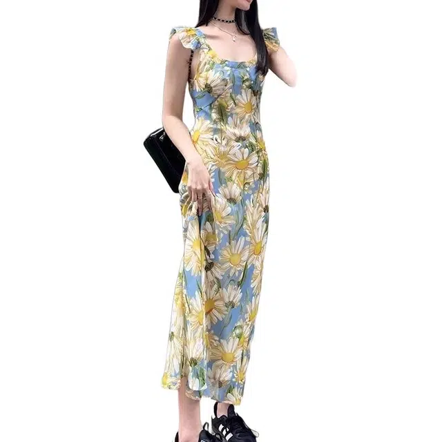 囍鱼少女 法式浪漫小飞袖女复古茶歇海边度假气质一字肩长裙吊带连衣裙 女款