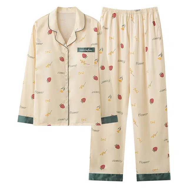 俏韵 翻领春秋季冰雪丝简约带胸垫长袖长裤甜美休闲舒适薄款家居服可外穿睡衣套装 女款