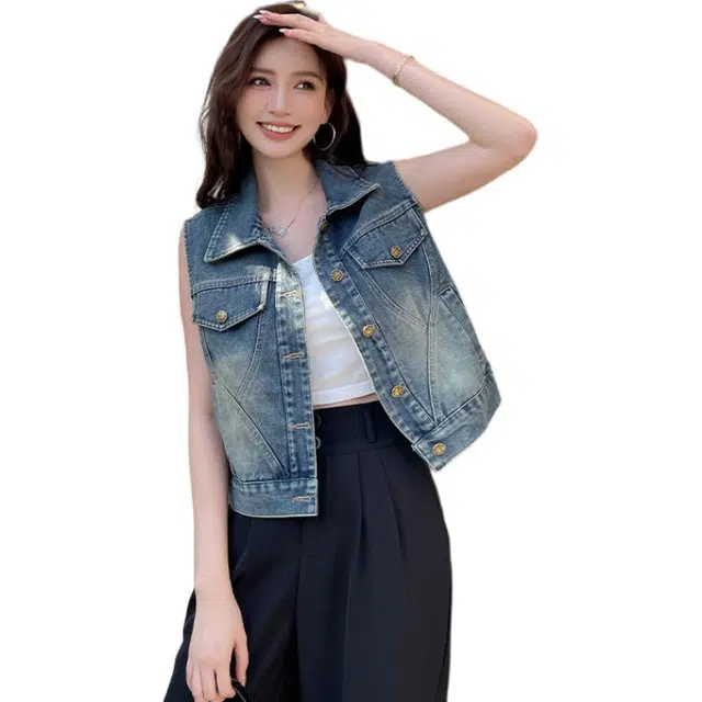 敲模女孩 法式复古翻领单排扣休闲加绒加厚牛仔马甲 女款