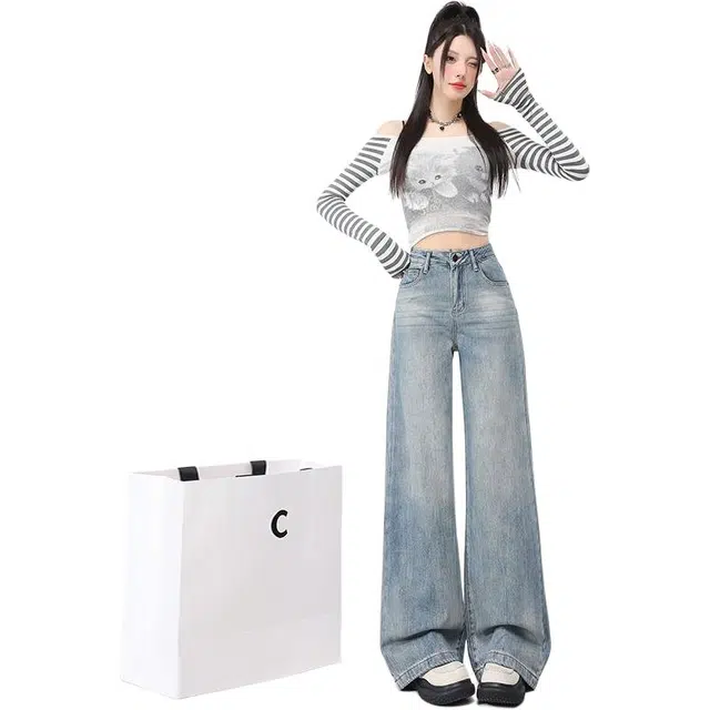 么宁 美式复古宽松阔腿高腰显瘦百搭慵懒风垂感拖地裤牛仔裤 女款