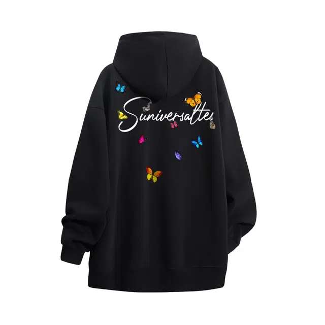 物质公式 重磅潮牌美式复古高街手绘趣味蝴蝶字母印花设计感潮流时尚宽松简约基础款套头落肩袖休闲透气质感百搭长袖连帽卫衣 男女同款