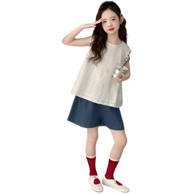 比比我休闲运动套装 女童夏季服装 大童潮牌 小孩衣服 小女孩无袖镂空牛仔短裤