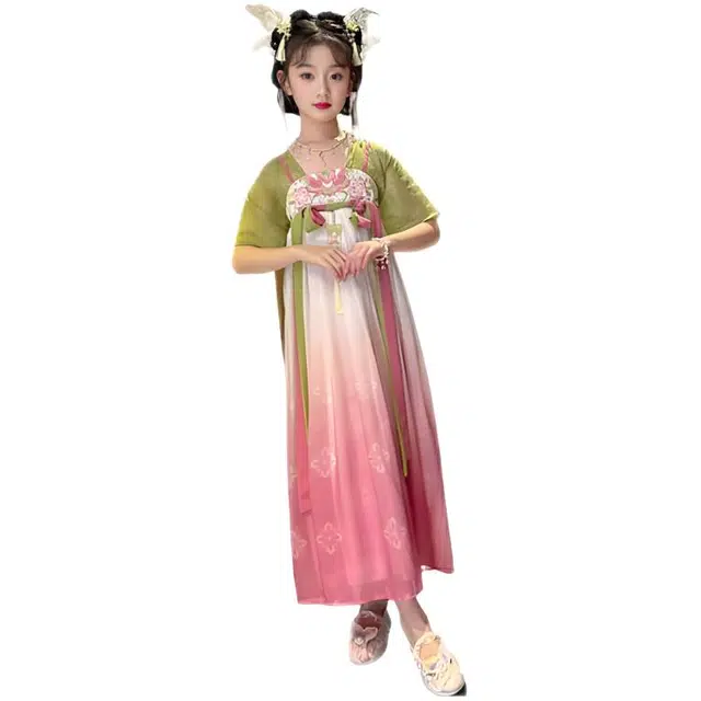 天才小熊汉服套装 女童夏季大童运动小孩衣服 小女孩 青少年双腰带刺绣中国风洋气时髦 漂亮 甜美 青少年