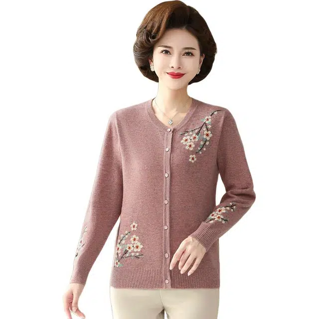 恒源祥 妈妈装优雅气质圆领纯色绣花长袖羊毛针织衫 女款