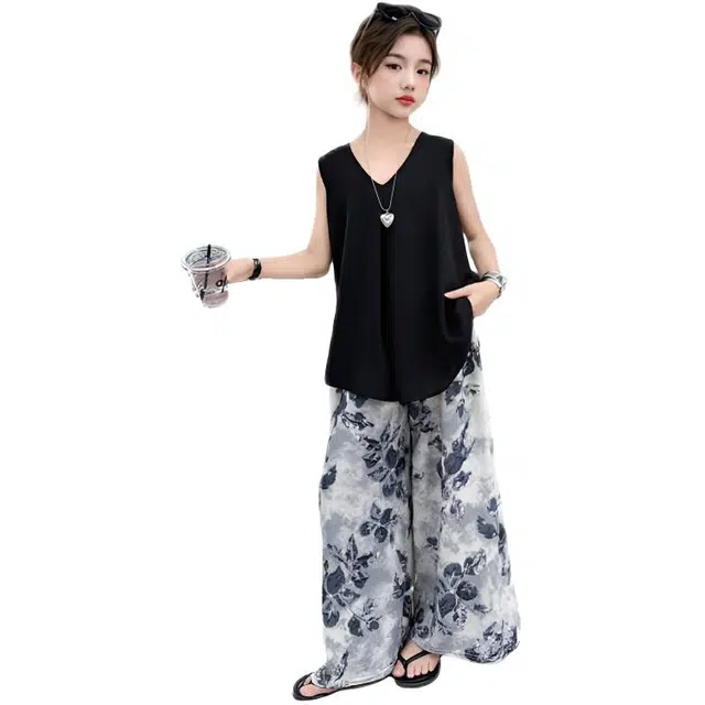 比比我休闲运动套装 女童夏季服装 小孩衣服 小女孩无袖印花裤 洋气时髦  大童潮牌