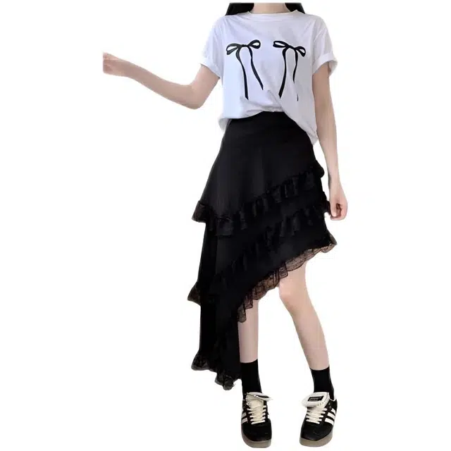 木木兔 潮流时尚规则蕾丝花边设计感小众蛋糕裙休闲长裙 女款