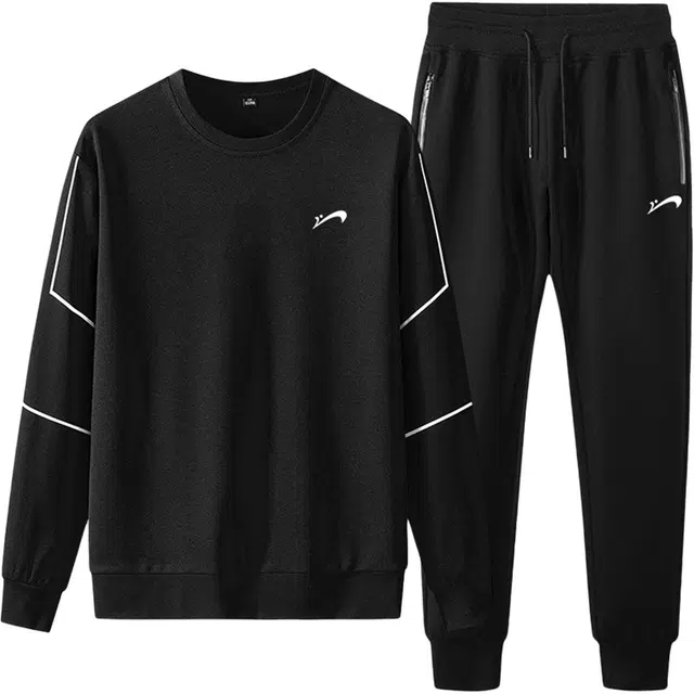 贵人鸟 纯色圆领基础款条纹撞色套头卫衣舒适束脚百搭长裤日常休闲运动套装 男款