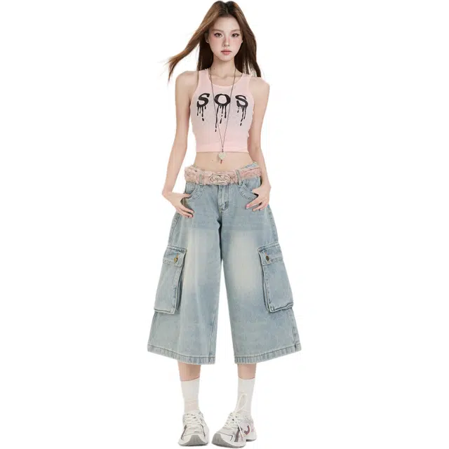 玫丝朵 美式复古高街工装阔腿裤百搭直筒高腰牛仔短裤 女款