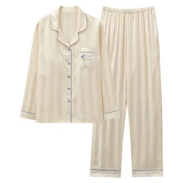 俏韵 翻领春秋季冰雪丝简约长袖长裤甜美休闲薄款家居服可外穿睡衣套装 女款