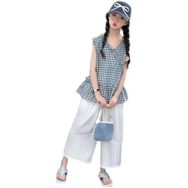 比比我休闲运动套装 女童夏季服装 大童潮牌 小孩衣服 女孩格子花边娃娃衫 时尚潮流